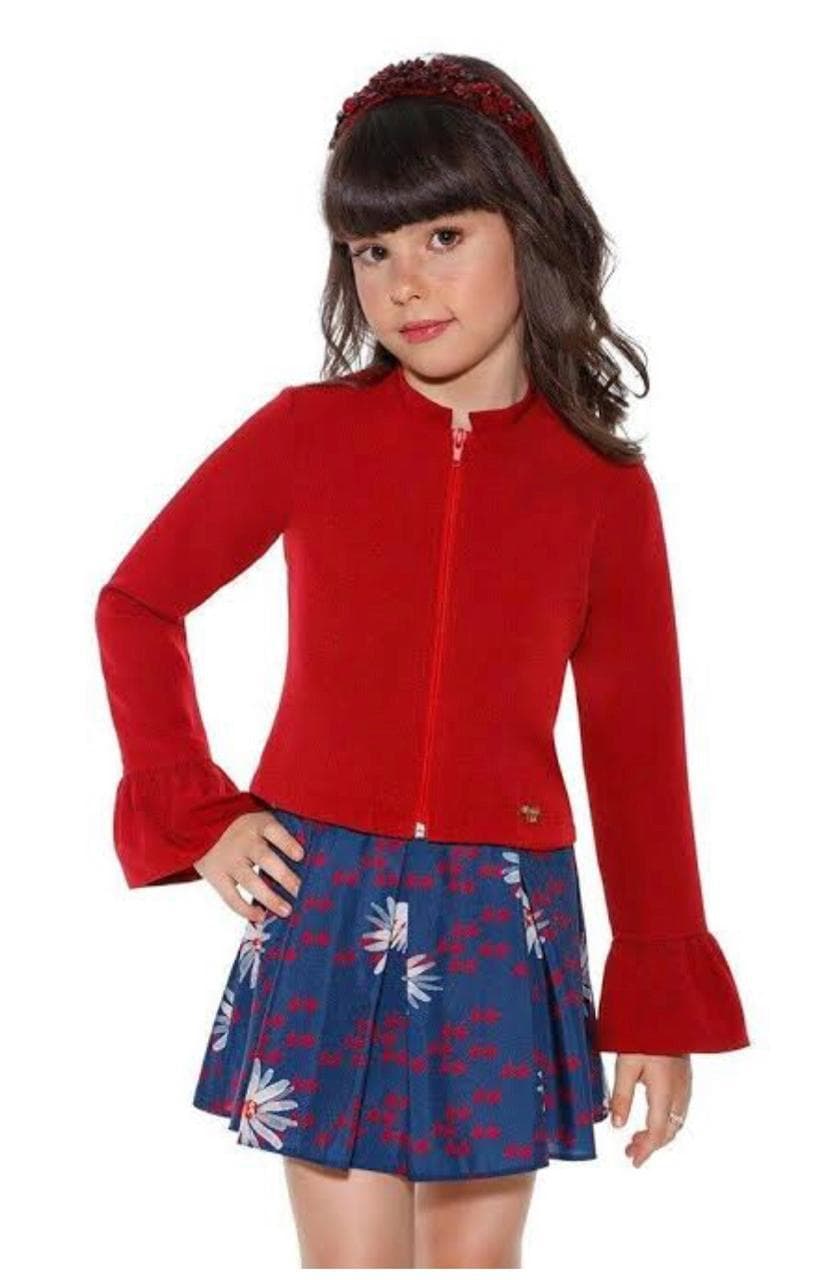 Conjunto de Saia e Blusa Infantil Diforini – Moda Infanto Juvenil ExclusivaConjunto infantil com blusa vermelha de manga longa e saia azul com estampa floral