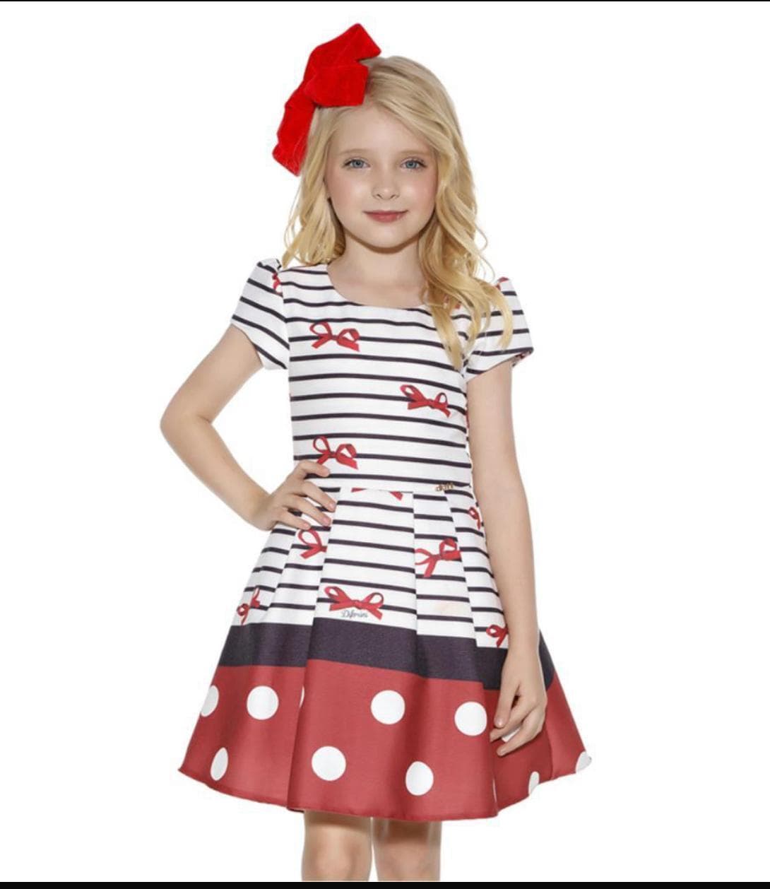 Vestido Infantil Diforini Listrado com Saia de Poá Vermelha e Laços Decorativos
