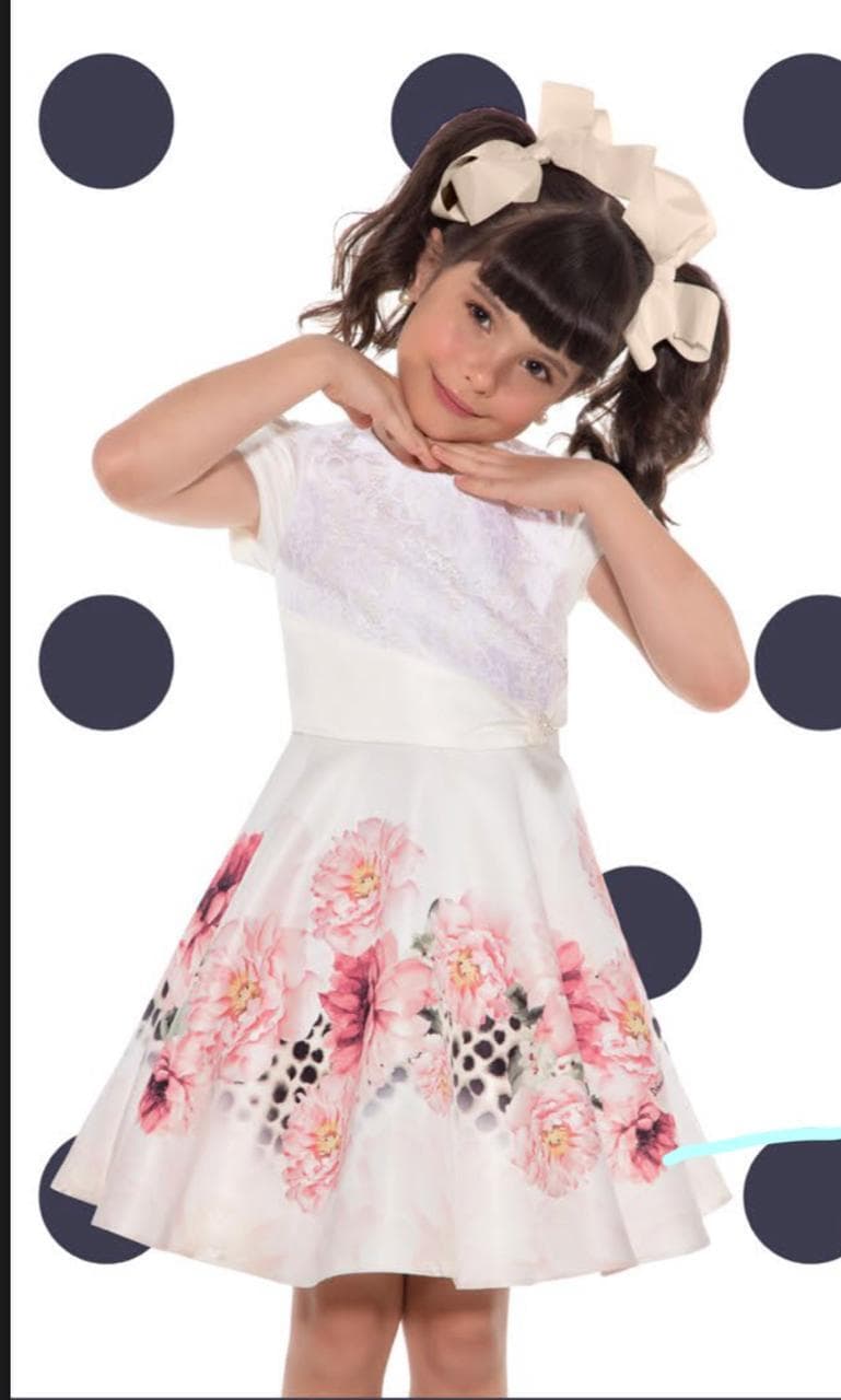 Vestido Infantil Festa Off-White com Renda e Saia Floral Animal Print - dfc011337